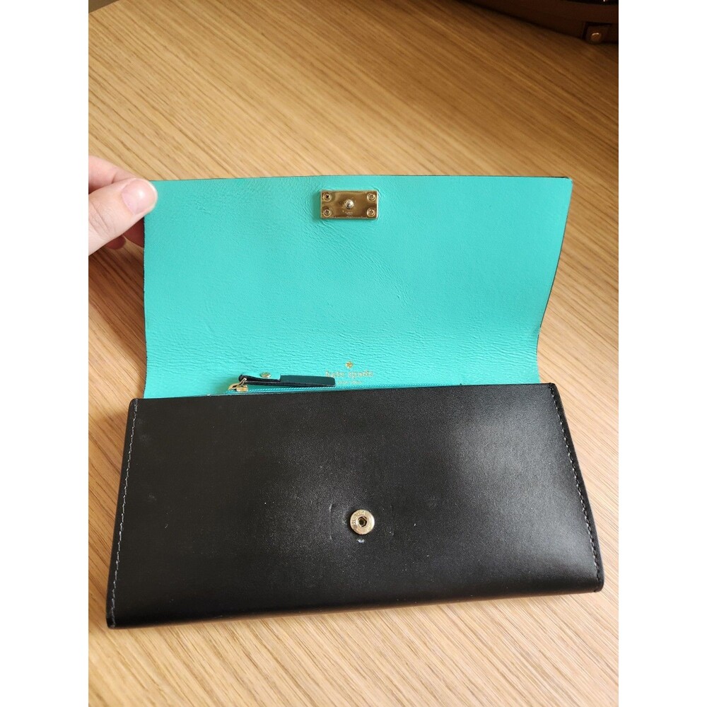 Kate Spade Pim Arbour Hill Black Smooth Leather Wallet w/ Turquoise Inner Lining